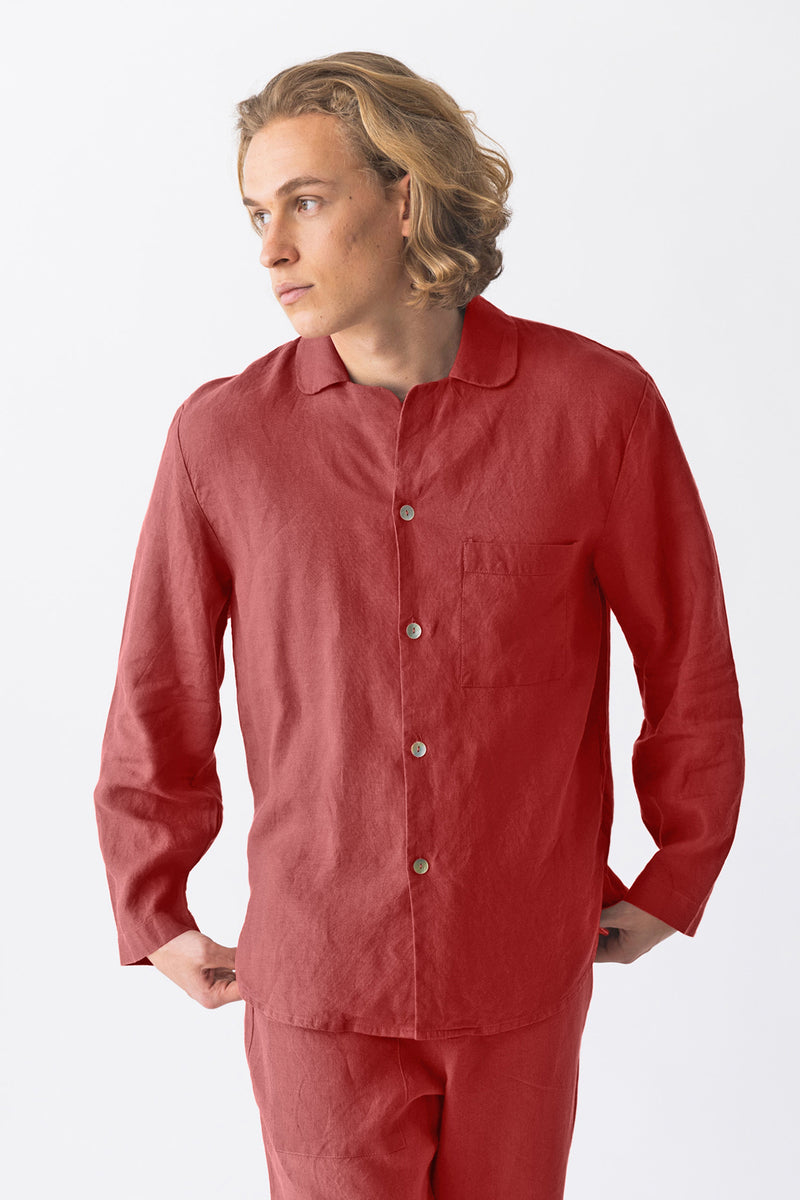 Veste pyjama en lin, manches longues “Ronaldo” Brique