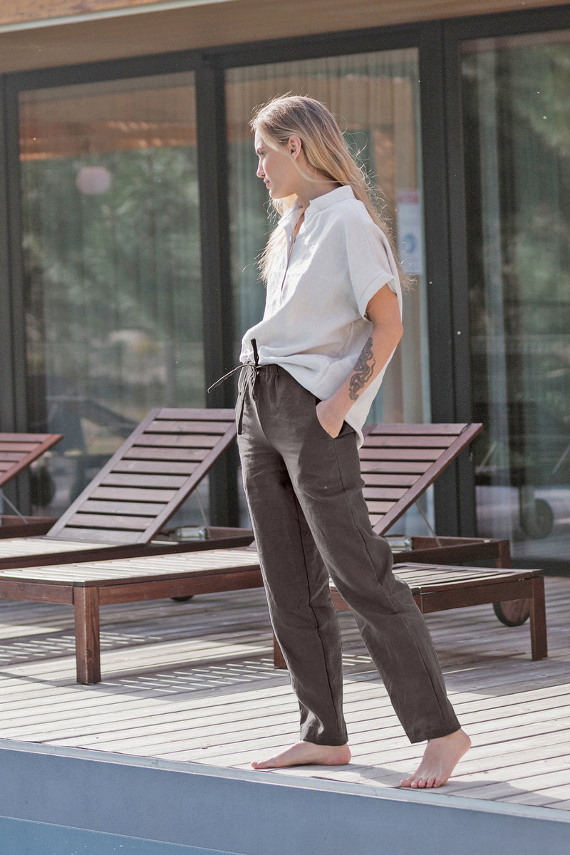Pantalon décontracté en lin pour femme  gris plomb