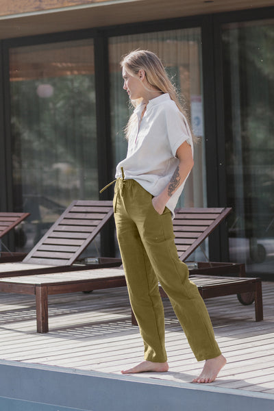 Pantalon décontracté pour femme en lin Olive Verte 