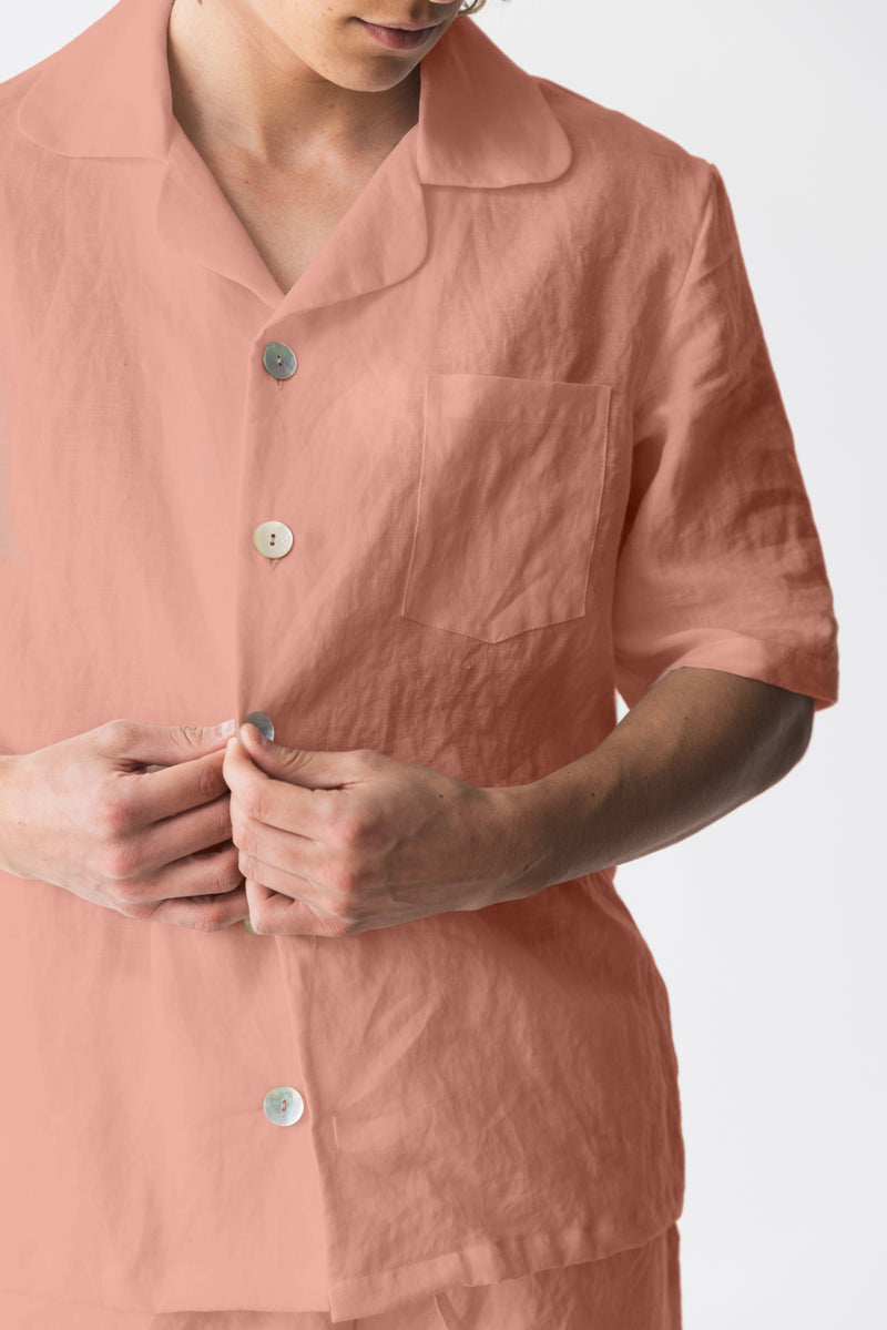 Veste pyjama en lin doux à manches courtes Rose