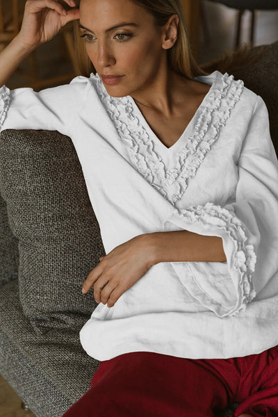 Robe de nuit courte à mini volants en lin lavé blanc optique
