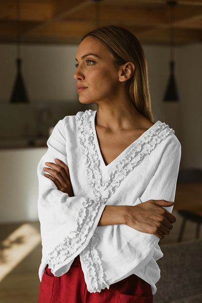 Robe de nuit courte en lin lavé à mini volants blanc optique
