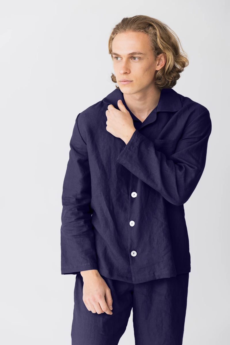 Veste de Pyjama homme en lin lavé Bleu nuit