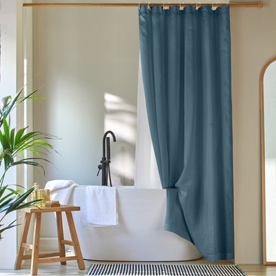 Rideau de douche simple en lin lavé sur mesure Bleu Francais