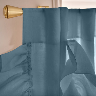 rideaux ornés de volants en lin lavé Bleu Francais