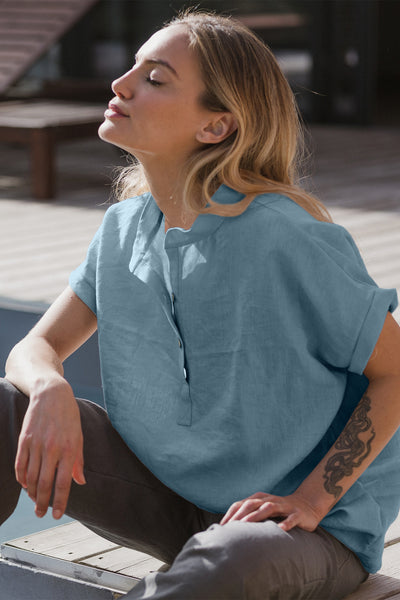 Chemisier en lin lavé manches courtes Bleu Francais