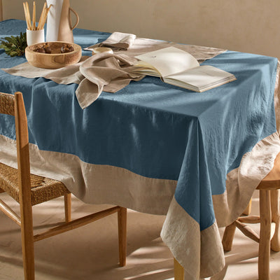 Nappe bicolore sur mesure en lin lavé bleu  français