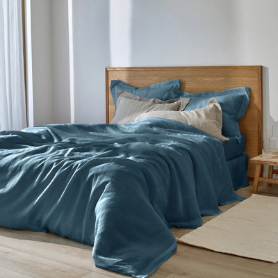 Housse de couette en lin à bords plats bleu français