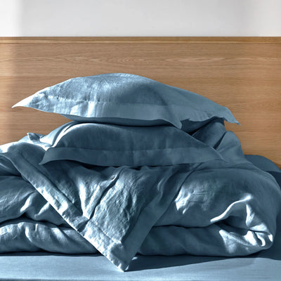 Housse de couette en lin lavé à bords plats bleu français