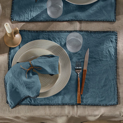 Sets de table "Point de Cheval" en lin lavé bleu français