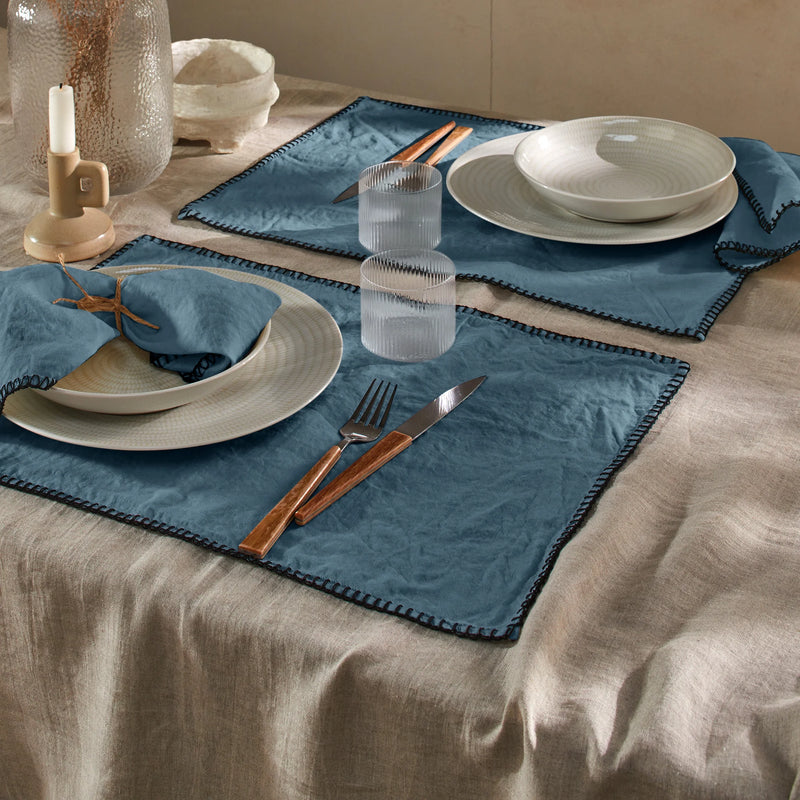 Sets de table "Point de Cheval" en lin bleu français