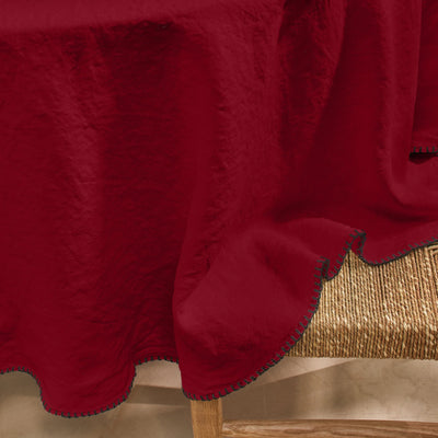 Nappe ronde en lin lavé point de cheval bordeaux