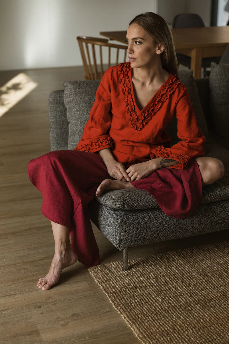 Robe de nuit courte en lin à mini volants Corail