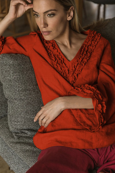Robe de nuit courte en lin lavé à mini volants corail
