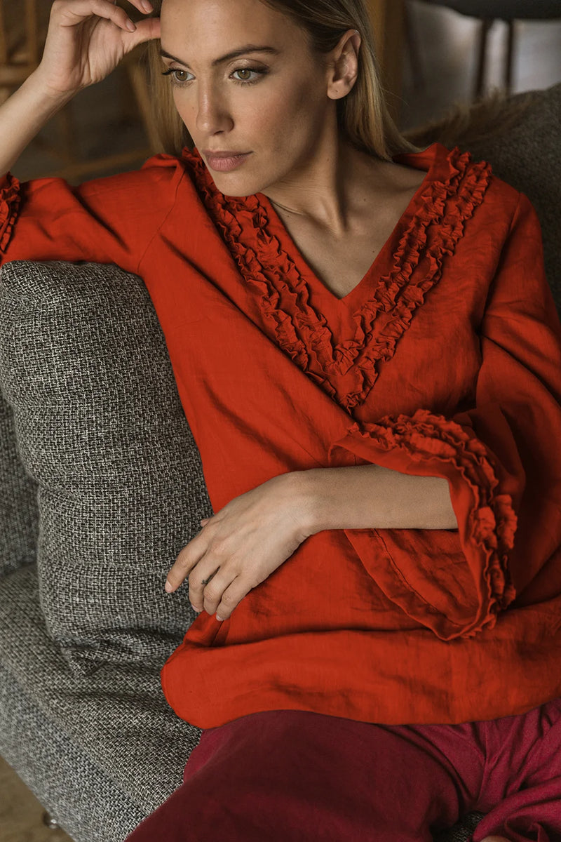 Robe de nuit courte en lin lavé à mini volants corail