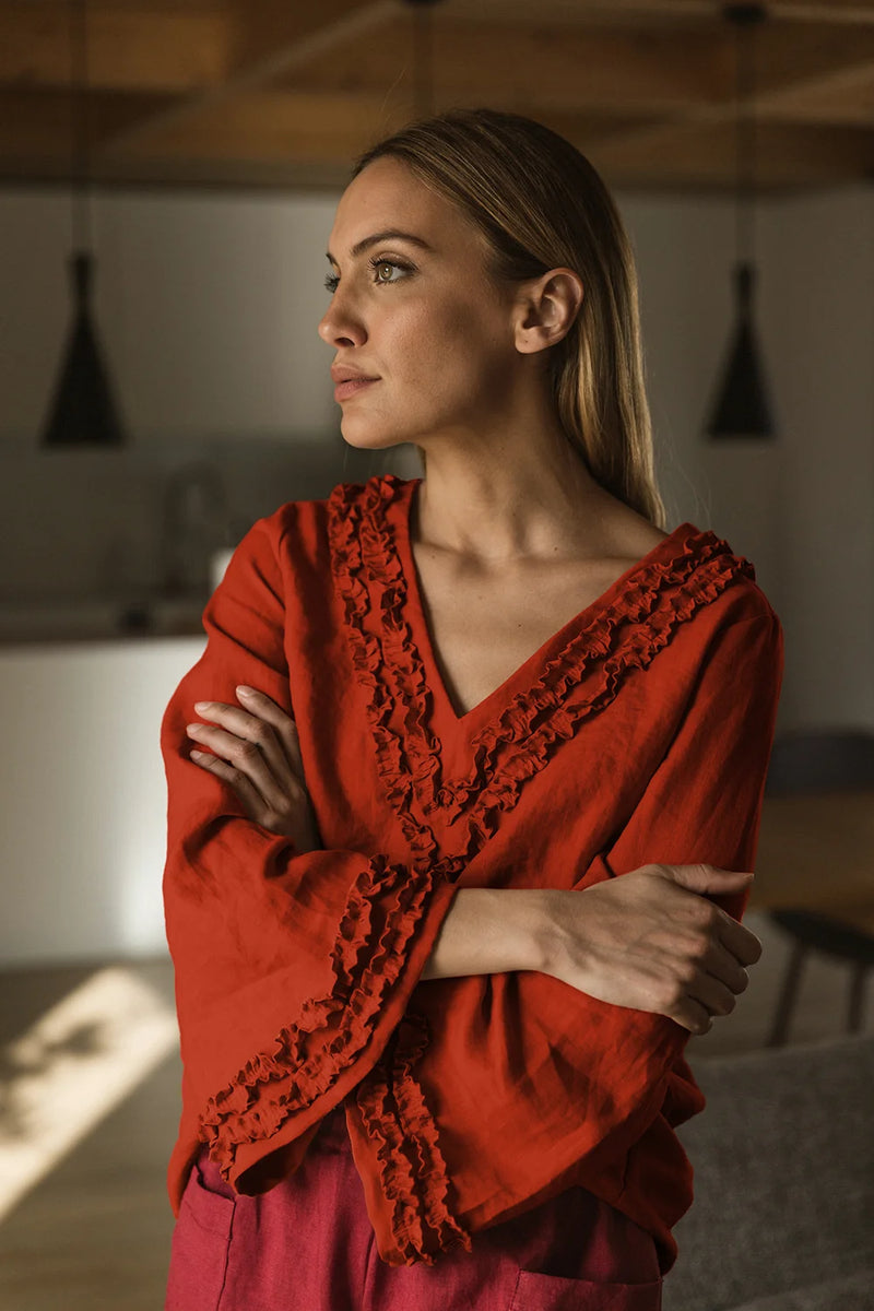 Robe de nuit courte en lin lavé à mini volants corail