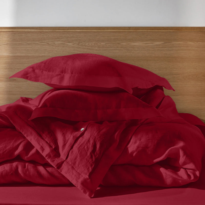 Housse de couette en lin lavé à bords plats bordeaux