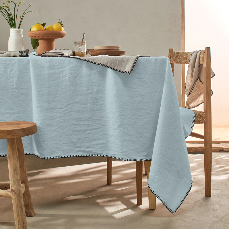 Nappe rect. point de cheval en lin bleu glacier