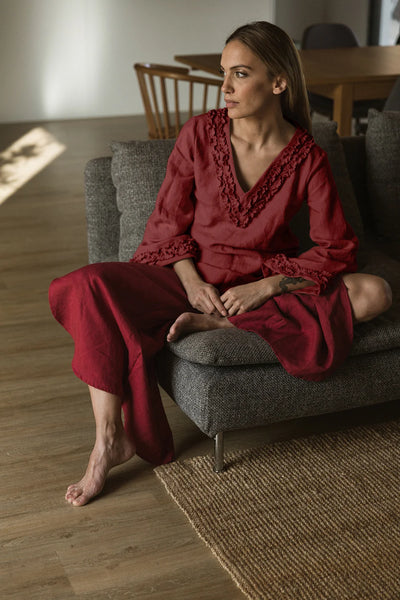 Robe de nuit courte en lin à mini volants Brique