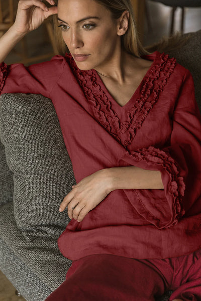 Robe de nuit courte en lin lavé à mini volants brique