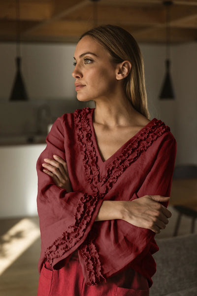 Robe de nuit courte en lin lavé à mini volants brique