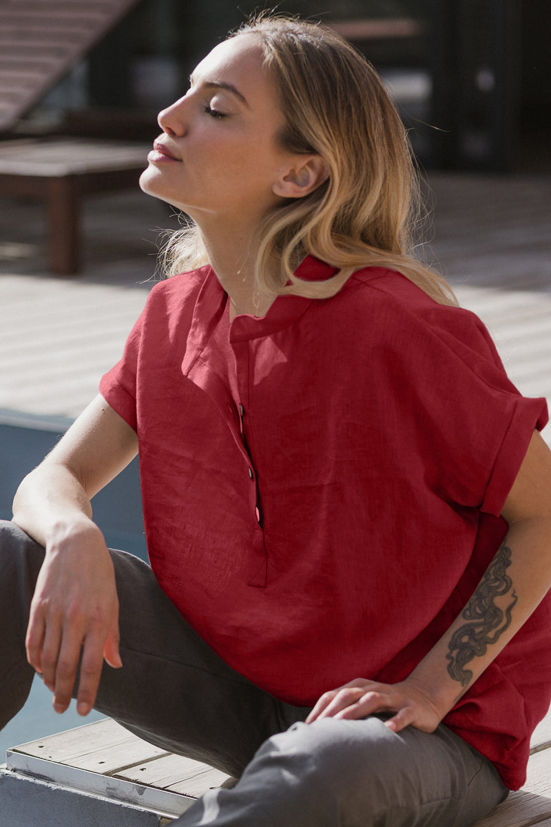 chemisier en lin lavé manches courtes Bordeaux