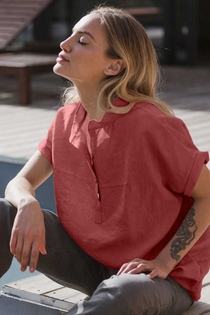 chemisier en lin lavé manches courtes Brique 