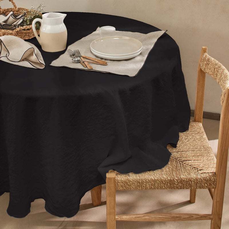 Nappe ronde en lin point "Bourdon" encre noire