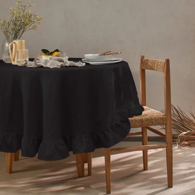 Nappe ronde sur mesure à volant en lin encre noire