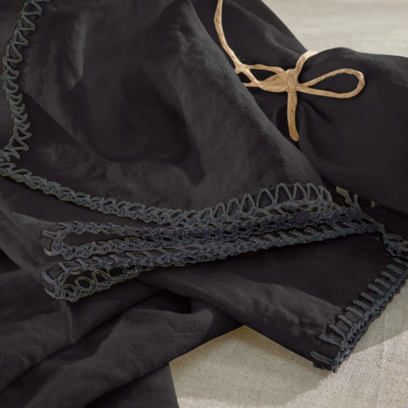Set de serviettes bordées "Point de Cheval" en lin noir
