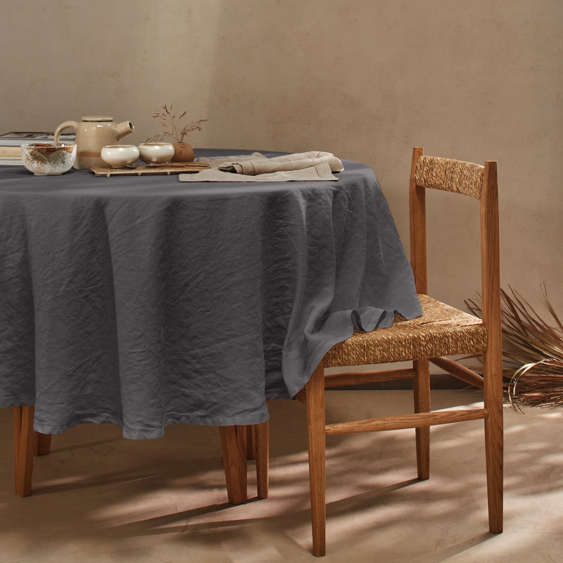 Nappe ronde en lin lavé ajouré gris plomb