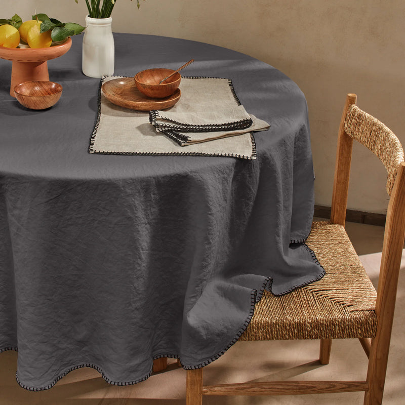 Nappe ronde en lin point de cheval gris plomb