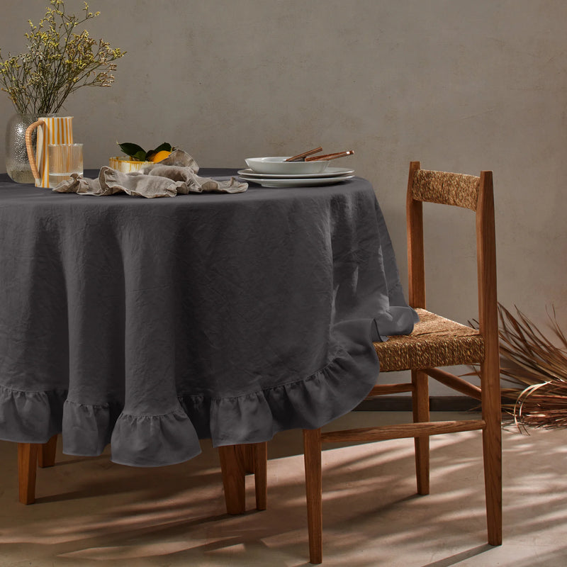 Nappe en lin ovale a volant gris plomb