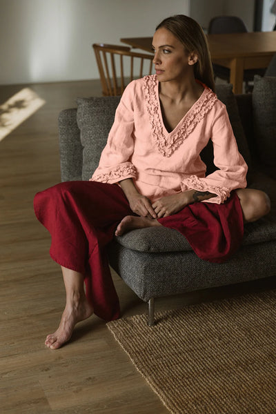 Robe de nuit courte en lin à mini volants Rose
