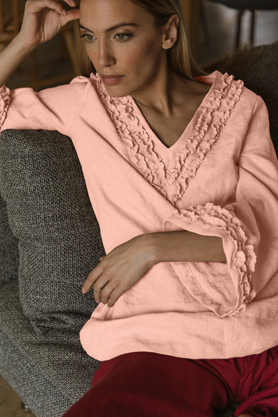 Robe de nuit courte en lin lavé à mini volants rose