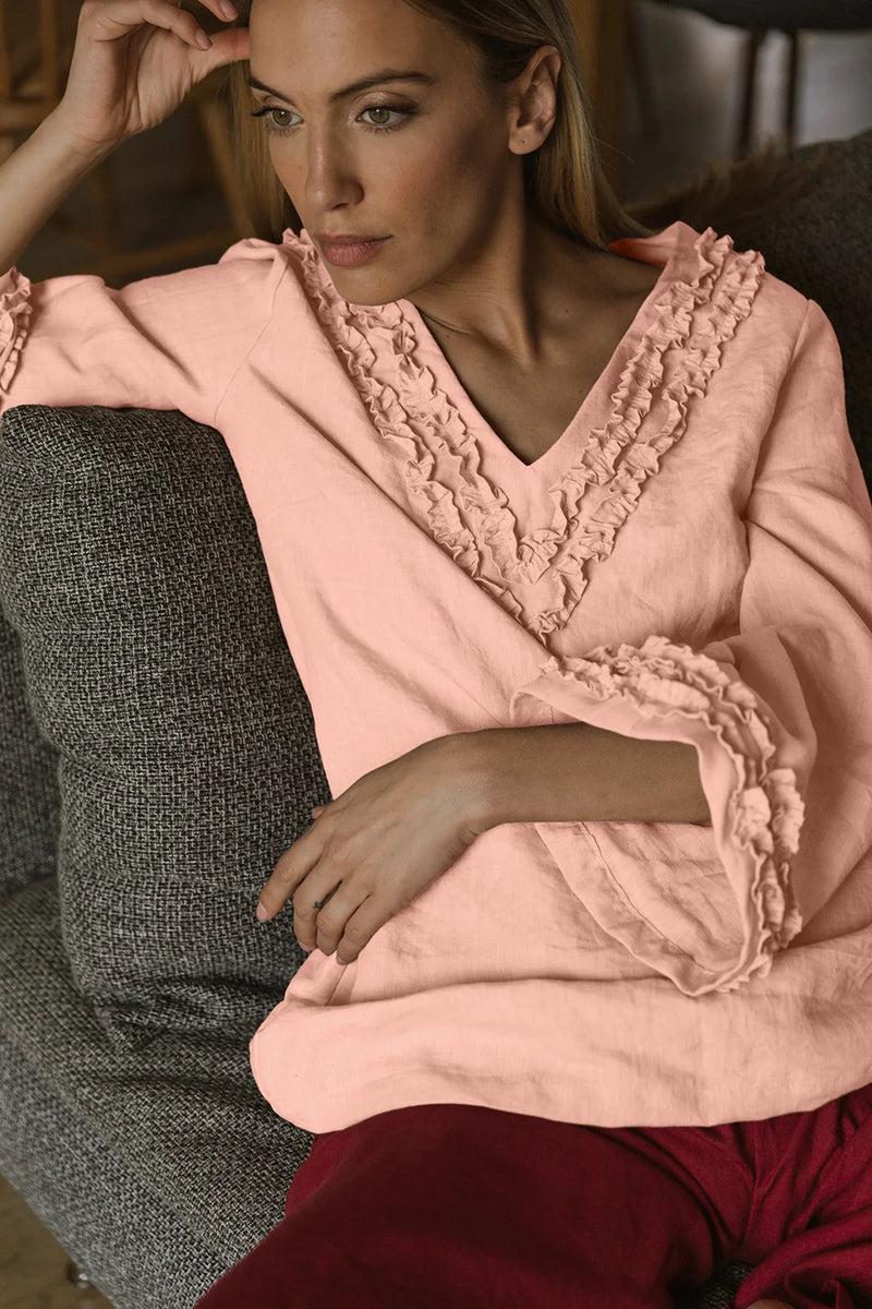Robe de nuit courte en lin lavé à mini volants rose