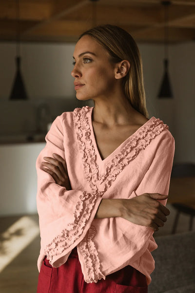 Robe de nuit courte en lin lavé à mini volants rose