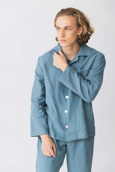 Veste de Pyjama homme en lin lavé Bleu