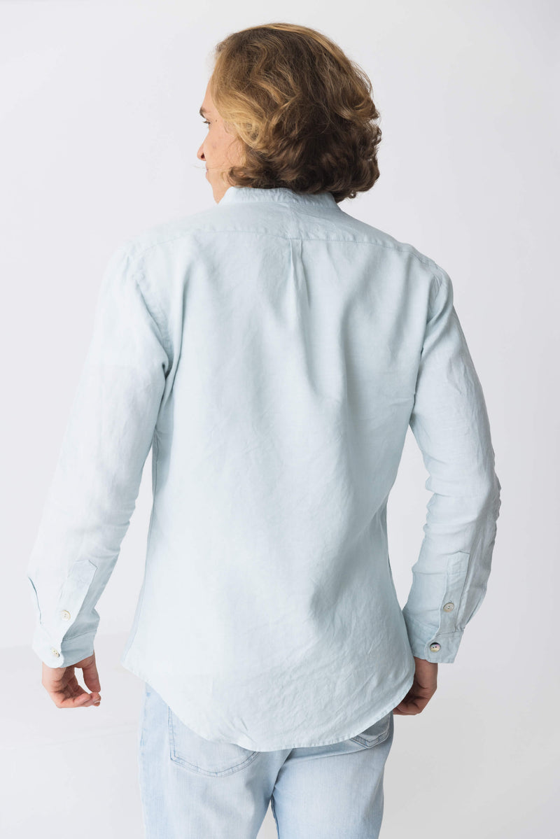 Chemise col mao en lin “Natanael” bleu-glacier 4 