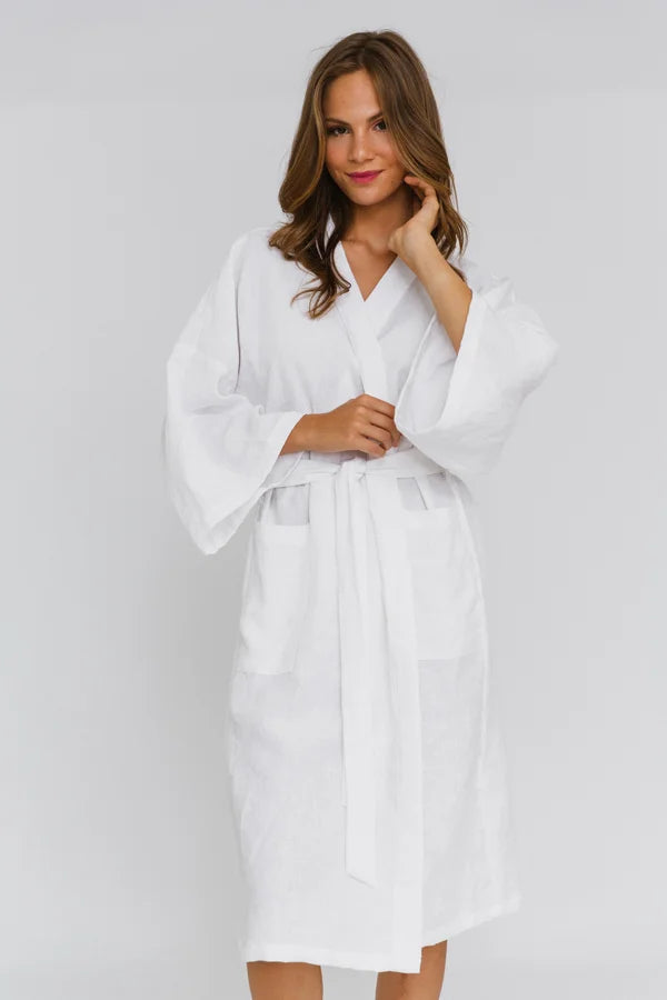 Peignoir long en lin style Kimono Blanc 8 