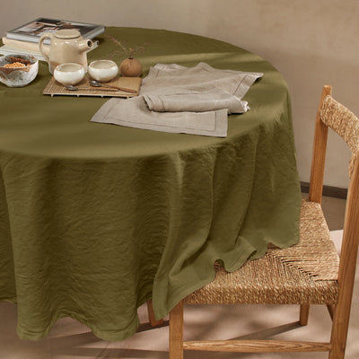 Nappe ronde en lin ajouré vert olive