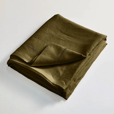 Drap plat en lin lavé Olive Verte finition bordure Bourdon