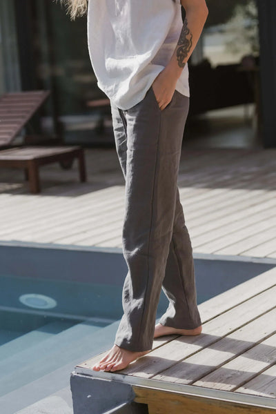 Pantalon décontracté 100% lin lavé pour femme 5#colour_gris-plomb
