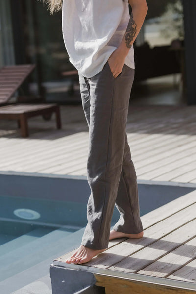 Pantalon décontracté 100% lin lavé pour femme 3#colour_gris-plomb