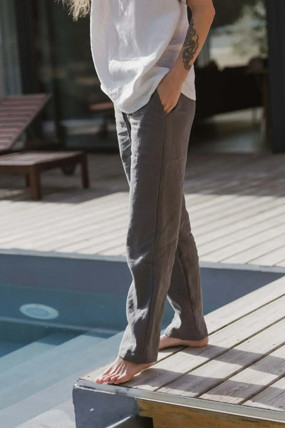 Pantalon décontracté 100% lin lavé pour femme 14#colour_gris-plomb