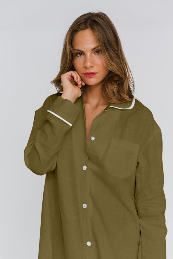 Chemise de nuit « Mel » en lin Olive Verte 