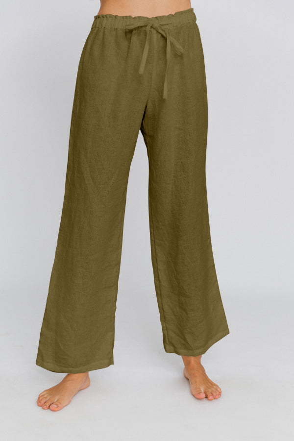 Pantalon de pyjama en lin lavé Olive Verte 