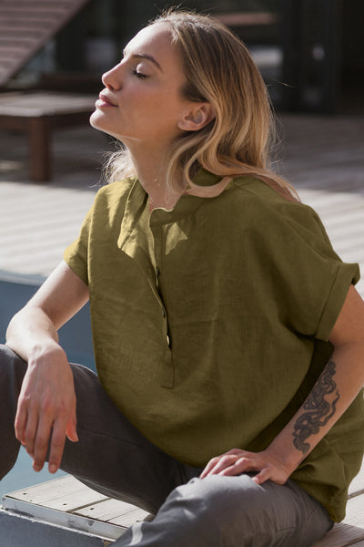 chemisier en lin lavé manches courtes Olive Verte 