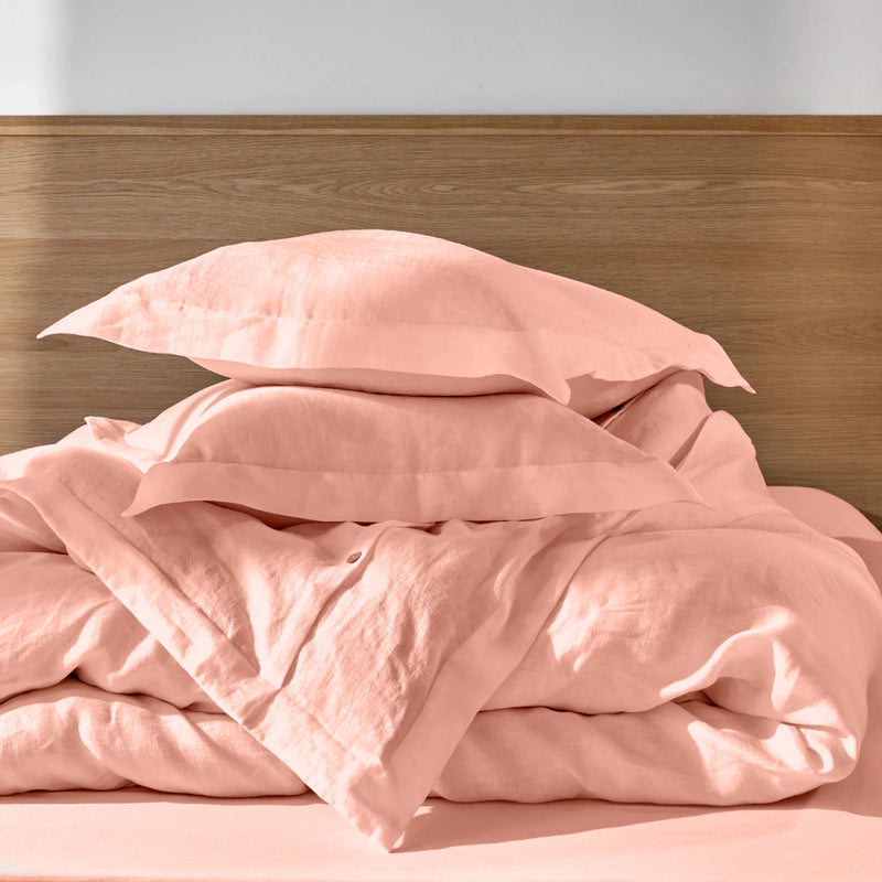 Housse de couette en lin lavé à bords plats rose
