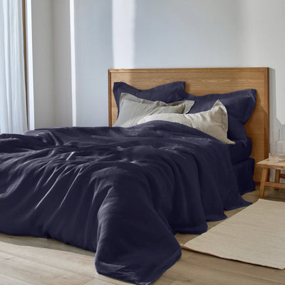 Housse de couette en lin à bords plats bleu nuit